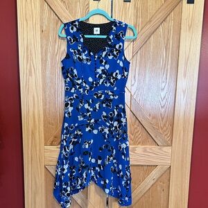 CAbi Asymmetrical Blue and Black Floral Dress